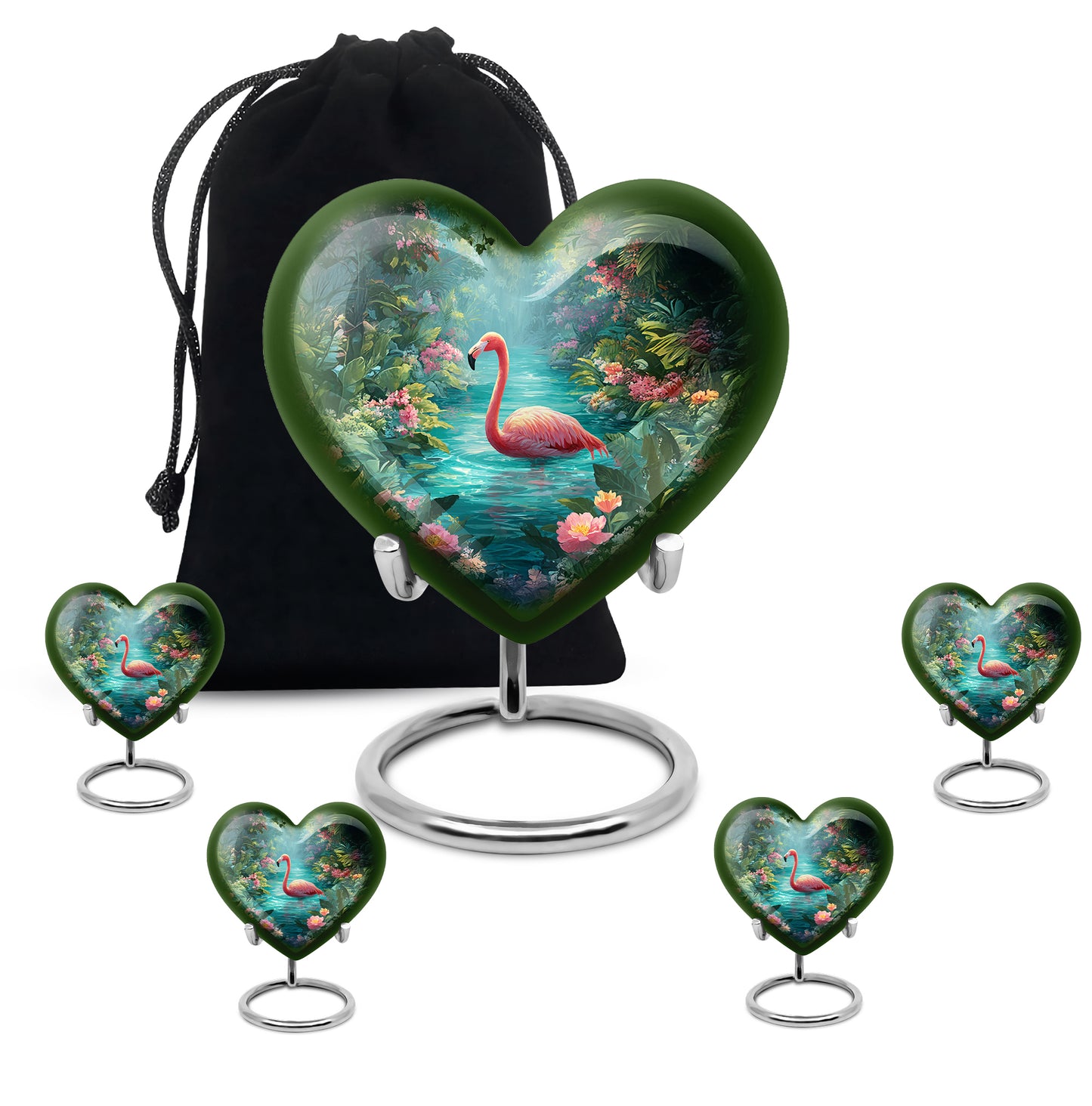 Deep Teal Flamingo Cremation Urn close-up of engraving and surface detail - compassionate heart-flamingo combination with gentle curves - memorial set with one large and four small urns