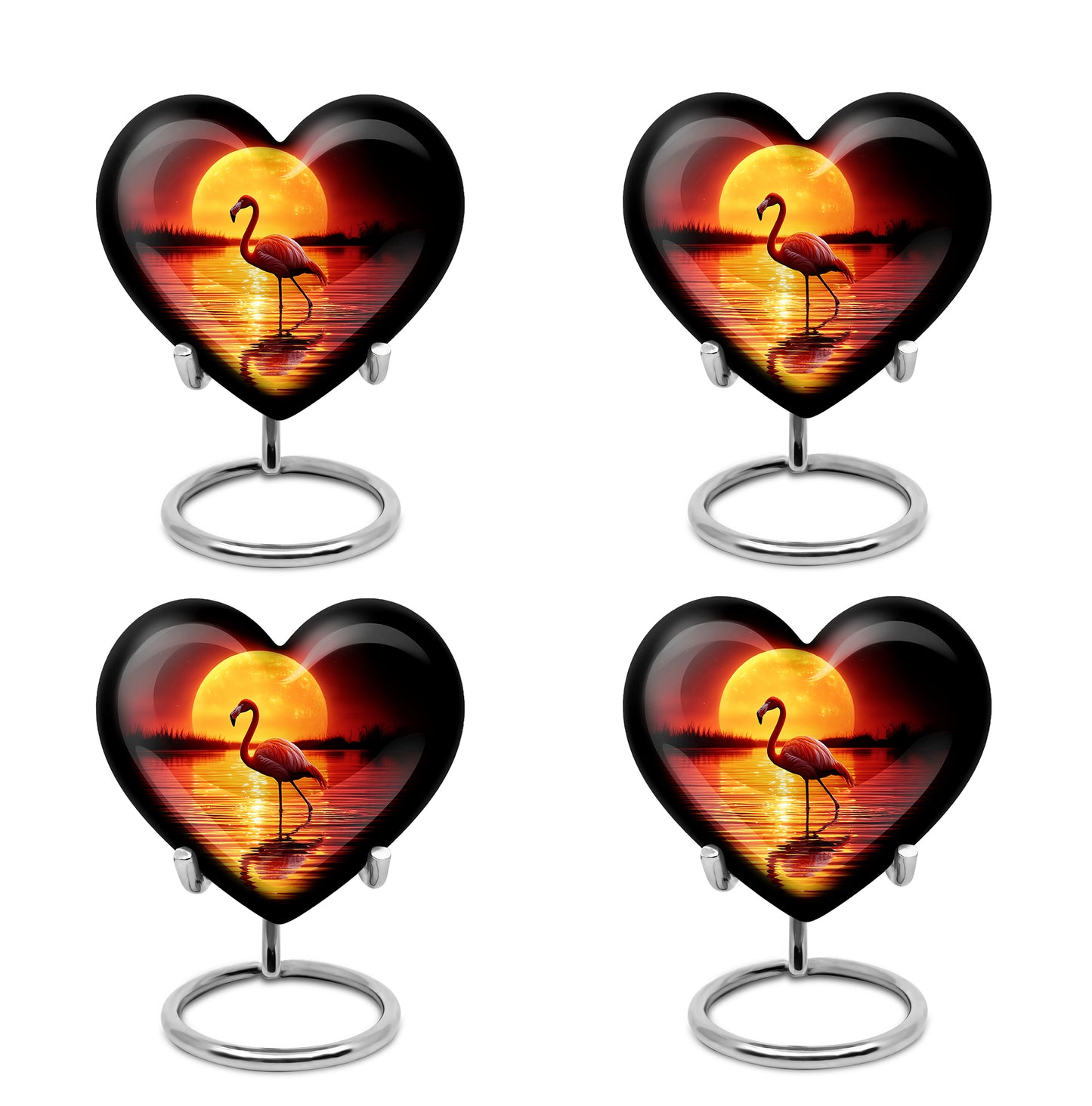 Rich Black Flamingo Cremation Urn angled view of lid and engraved motif - heart-shaped flamingo design symbolizing eternal love - 10 inch aluminum urn for cremated remains