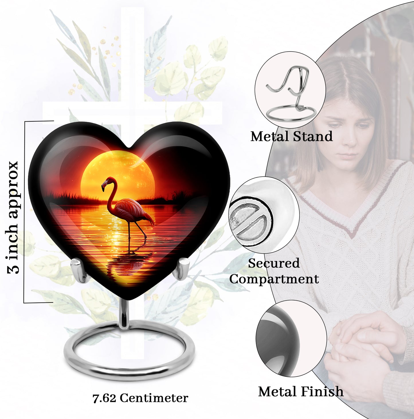 Dark Black Flamingo Cremation Urn front view showing detailed design - compassionate heart-flamingo combination with gentle curves - mini keepsake memorial for portion of cremation ashes