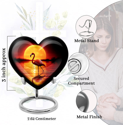 Dark Black Flamingo Cremation Urn front view showing detailed design - compassionate heart-flamingo combination with gentle curves - mini keepsake memorial for portion of cremation ashes