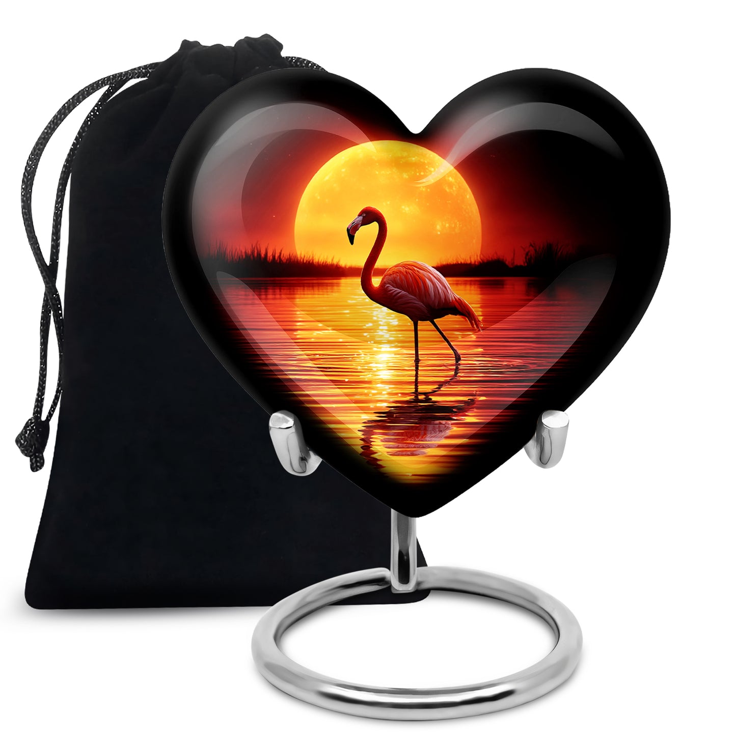 Glossy Black Flamingo Cremation Urn detail view - loving heart memorial featuring flamingo pattern - full-size 10 inch 200 cubic inch adult cremation urn