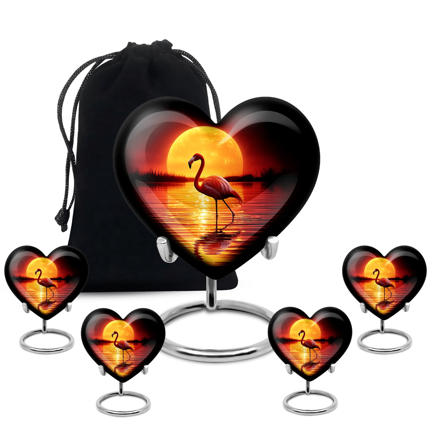 Rich Black Flamingo Cremation Urn close-up of engraving and surface detail - heart-shaped flamingo design symbolizing eternal love - memorial set with one large and four small urns