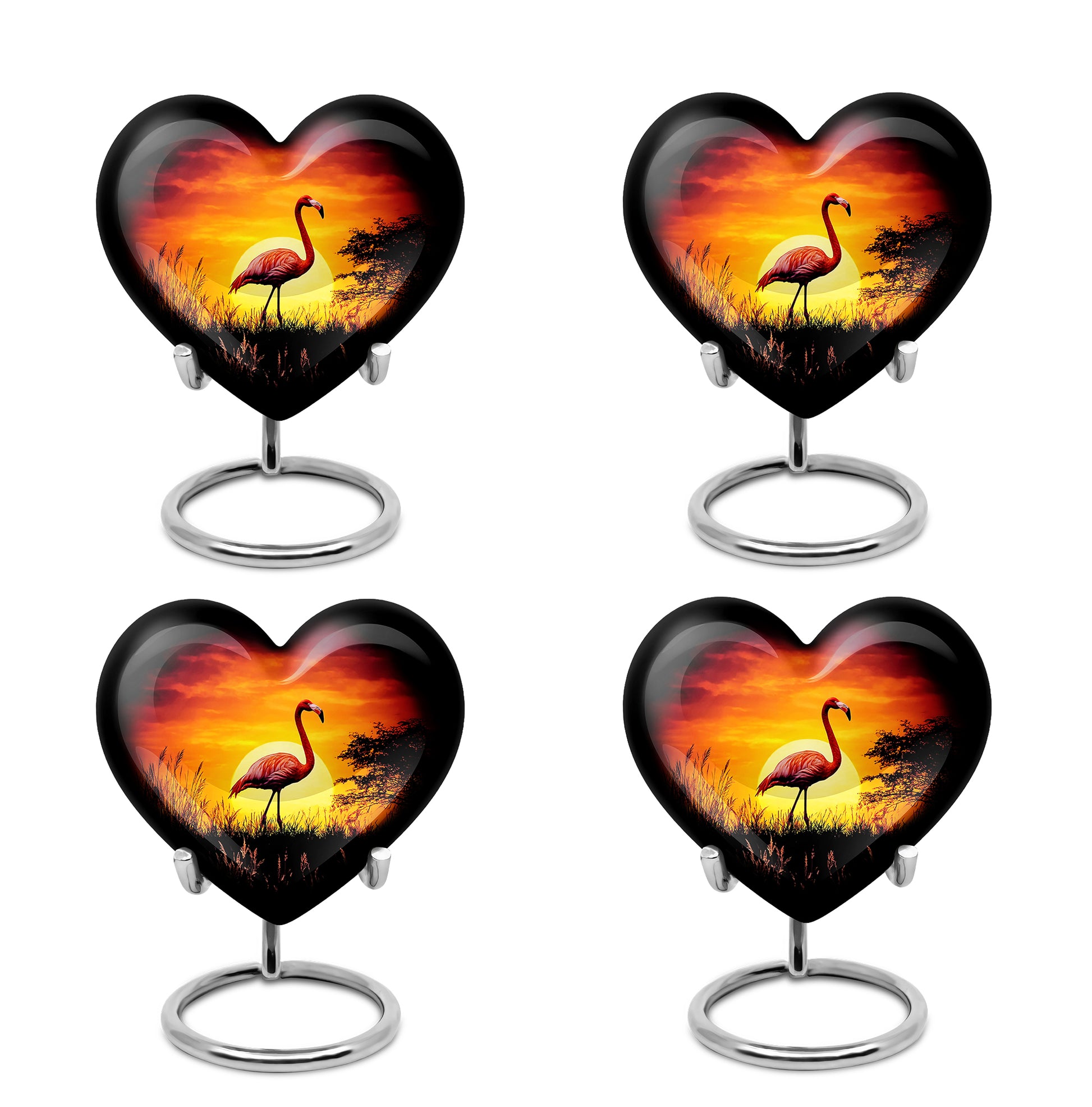 Obsidian Black Flamingo Cremation Urn angled view of lid and engraved motif - romantic heart urn with flamingo motif on aluminum - 10 inch aluminum urn for cremated remains
