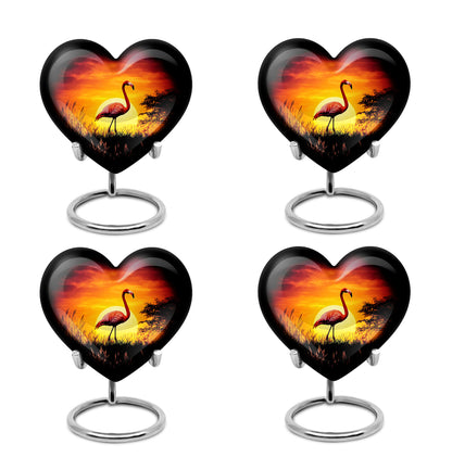 Obsidian Black Flamingo Cremation Urn angled view of lid and engraved motif - romantic heart urn with flamingo motif on aluminum - 10 inch aluminum urn for cremated remains