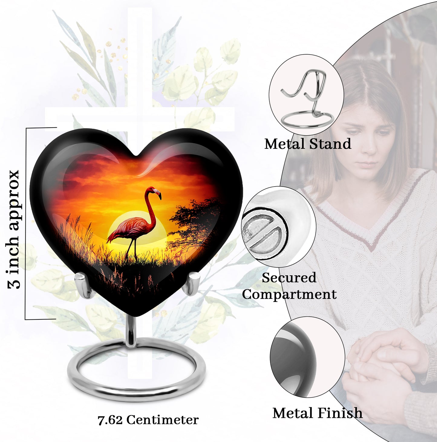 Onyx Black Flamingo Cremation Urn front view showing detailed design - compassionate heart-flamingo combination with gentle curves - mini keepsake memorial for portion of cremation ashes