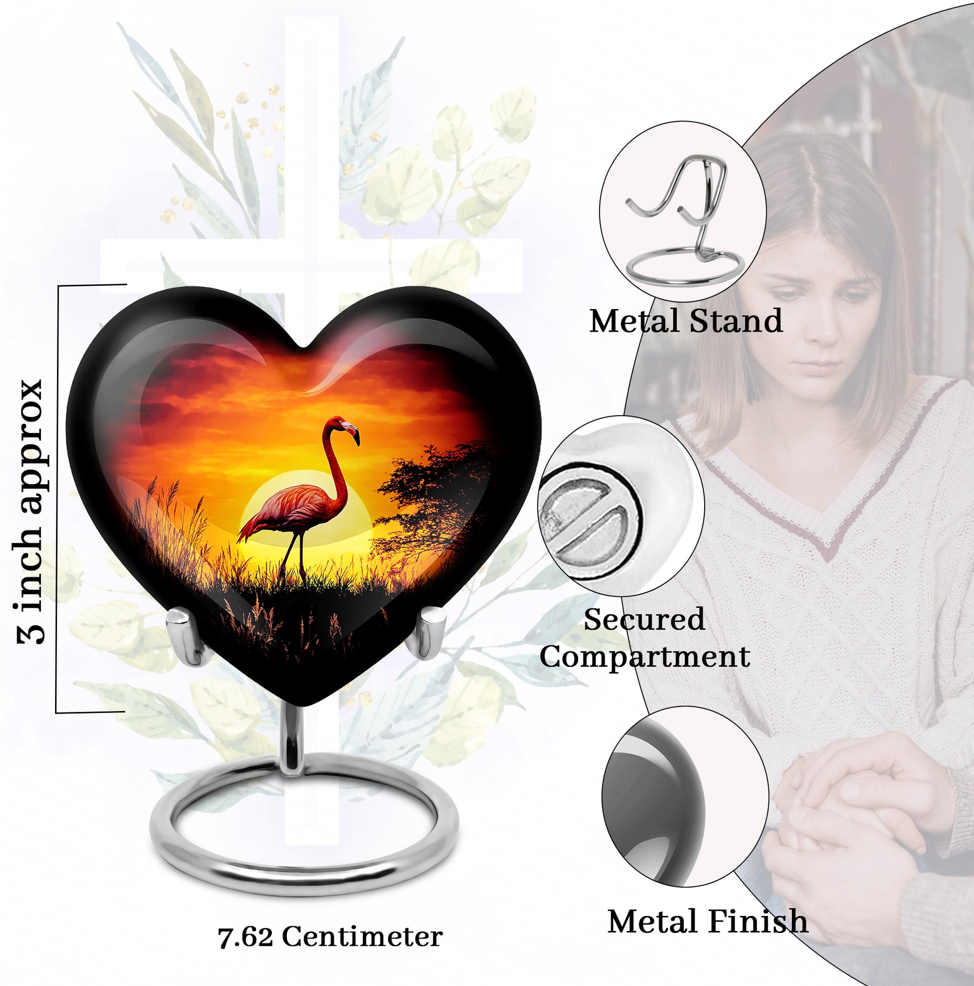 Onyx Black Flamingo Cremation Urn front view showing detailed design - compassionate heart-flamingo combination with gentle curves - mini keepsake memorial for portion of cremation ashes
