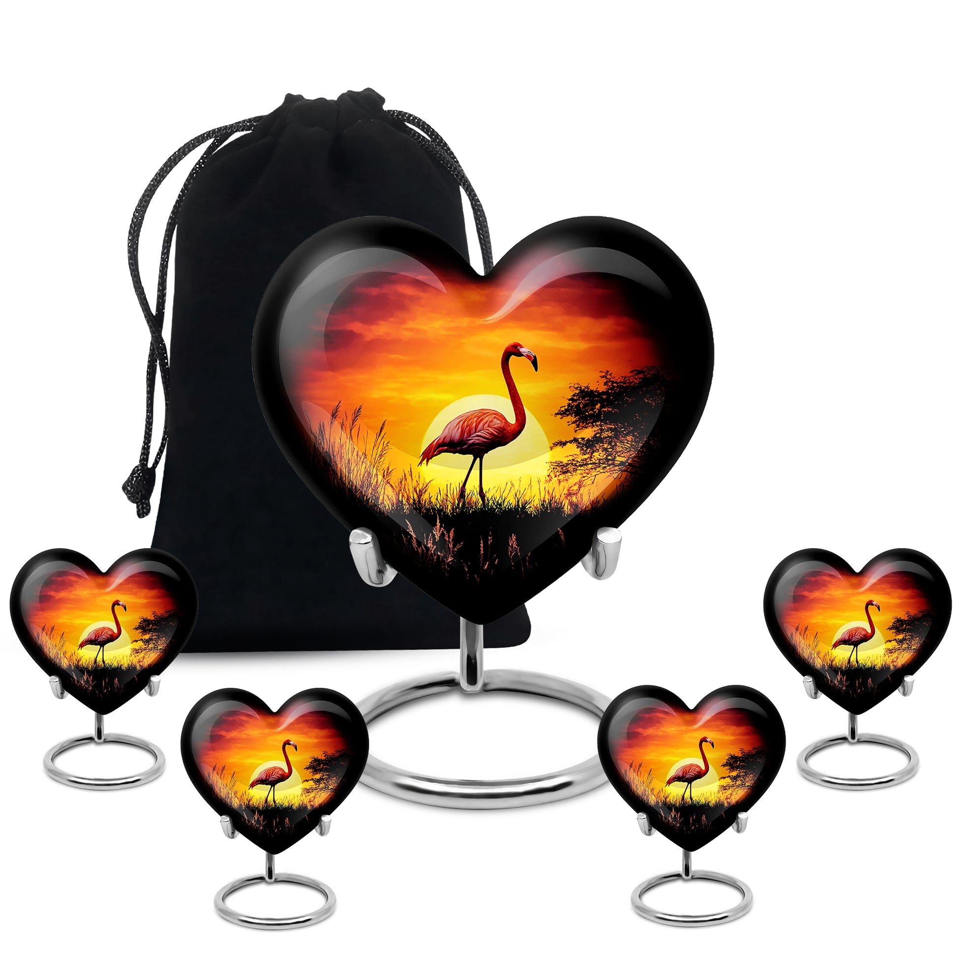 Onyx Black Flamingo Cremation Urn close-up of engraving and surface detail - compassionate heart-flamingo combination with gentle curves - memorial set with one large and four small urns