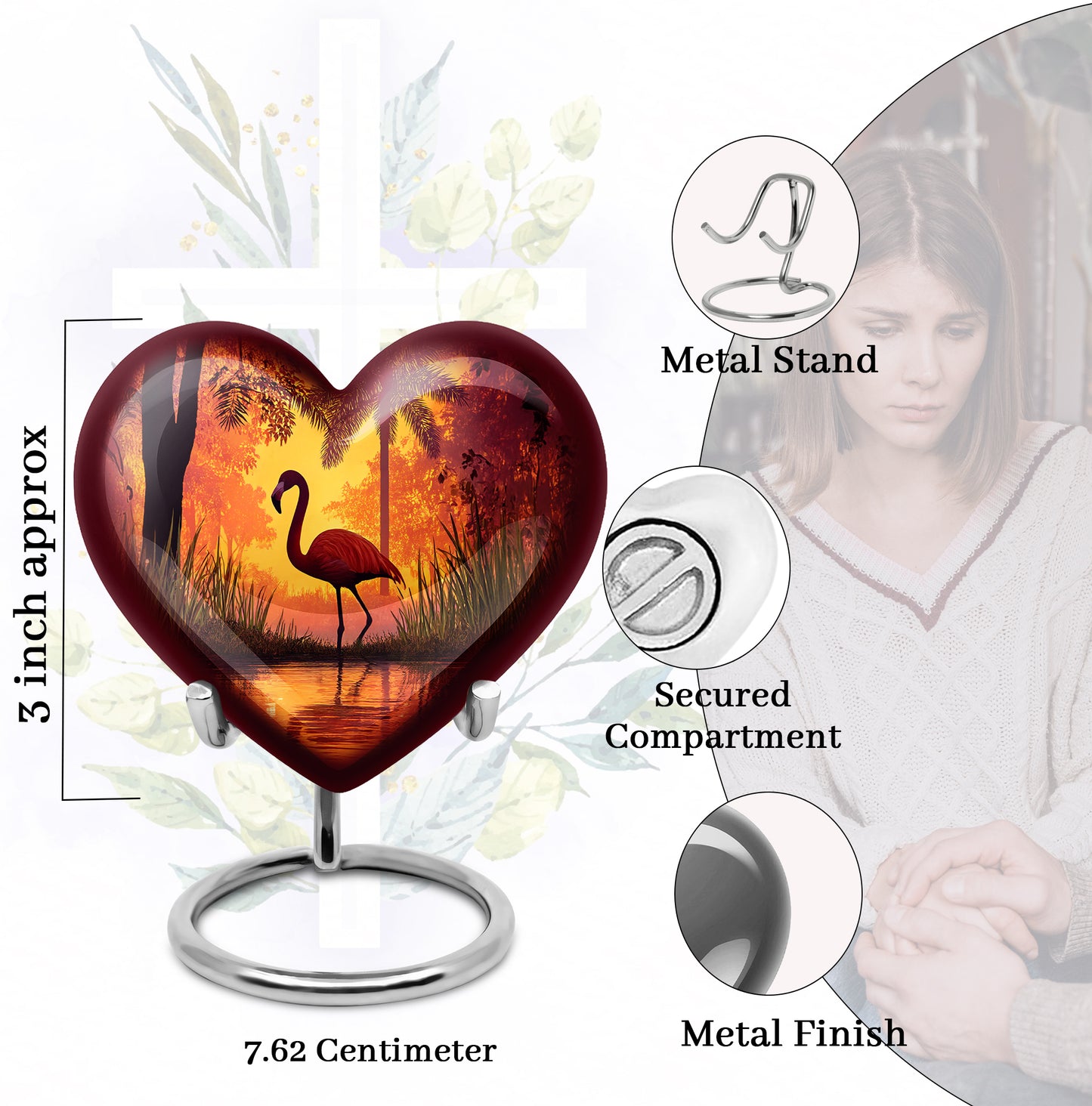 Cherry Red Flamingo Cremation Urn front view showing detailed design - romantic heart urn with flamingo motif on aluminum - mini keepsake memorial for portion of cremation ashes