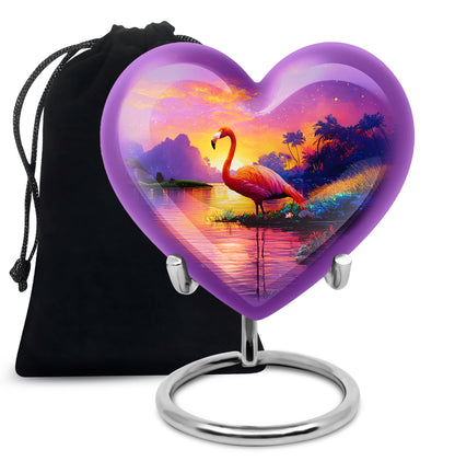 Rose Pink Flamingo Cremation Urn detail view - loving heart memorial featuring flamingo pattern - full-size 10 inch 200 cubic inch adult cremation urn