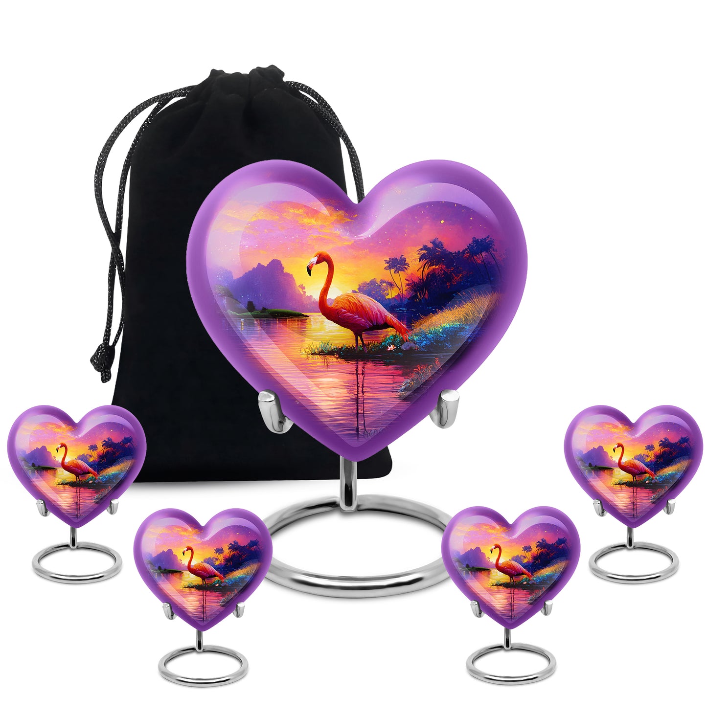 Blush Pink Flamingo Cremation Urn close-up of engraving and surface detail - heart-shaped flamingo design symbolizing eternal love - memorial set with one large and four small urns