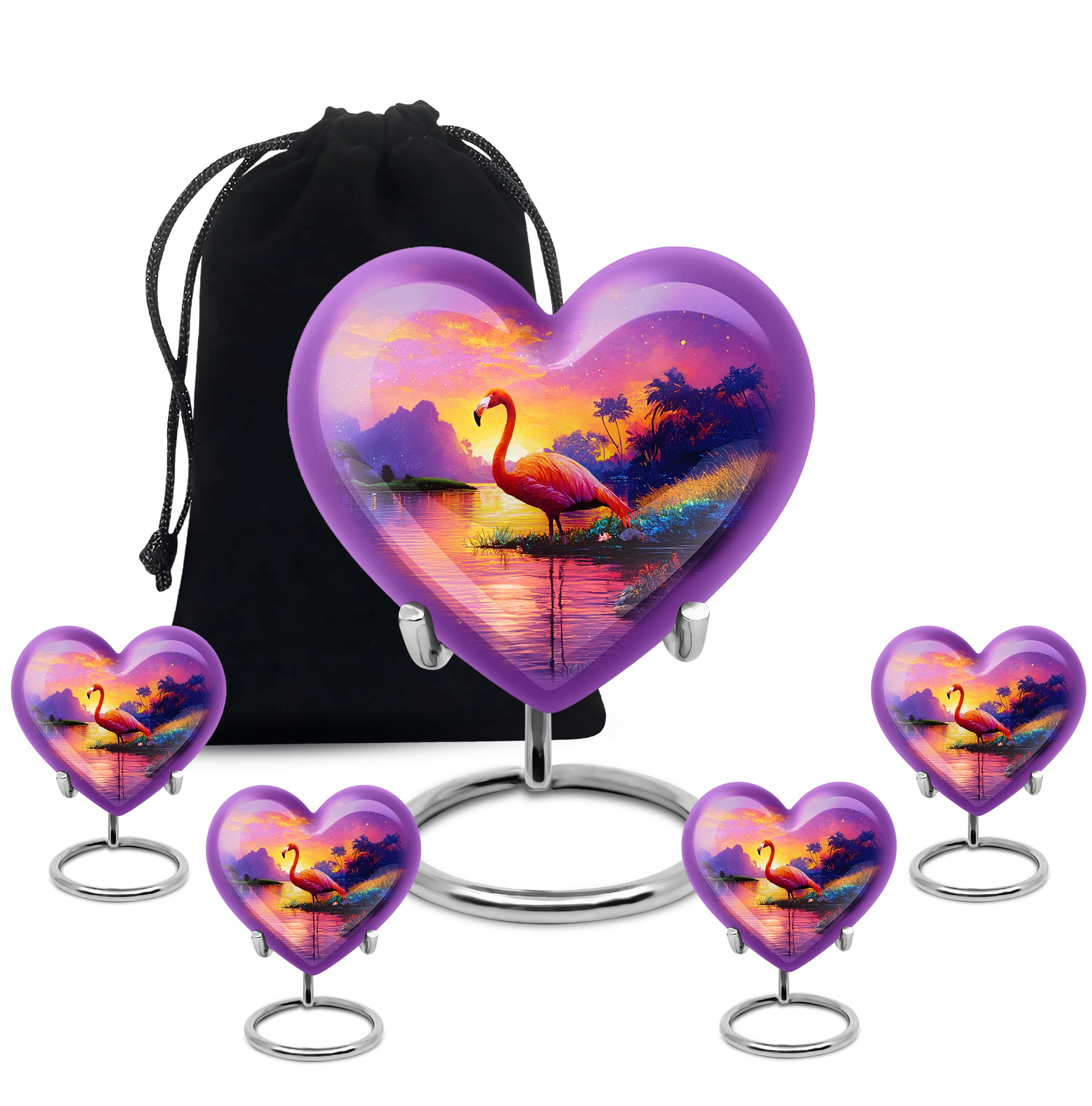 Blush Pink Flamingo Cremation Urn close-up of engraving and surface detail - heart-shaped flamingo design symbolizing eternal love - memorial set with one large and four small urns