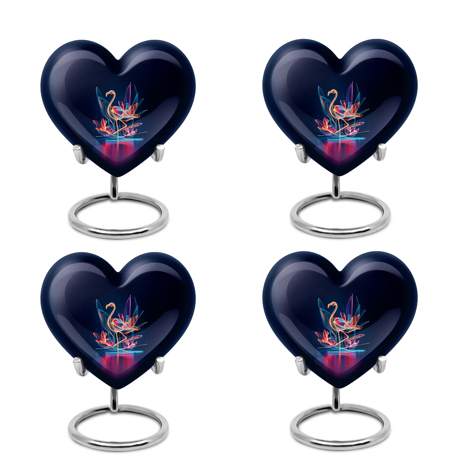 Cornflower Blue Flamingo Cremation Urn angled view of lid and engraved motif - compassionate heart-flamingo combination with gentle curves - 10 inch aluminum urn for cremated remains