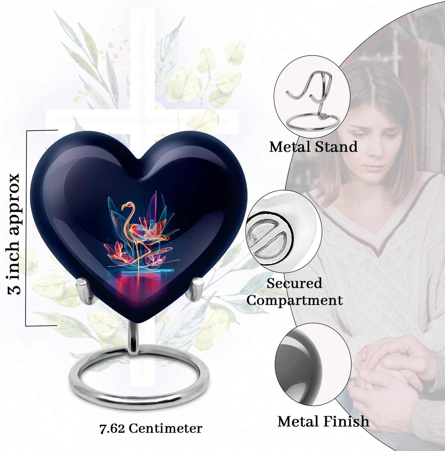 Celestial Blue Flamingo Cremation Urn front view showing detailed design - heart-shaped flamingo design symbolizing eternal love - mini keepsake memorial for portion of cremation ashes