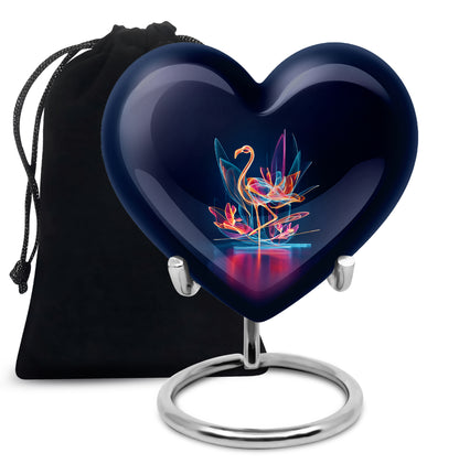 Dusty Blue Flamingo Cremation Urn detail view - heart-shaped flamingo design symbolizing eternal love - full-size 10 inch 200 cubic inch adult cremation urn