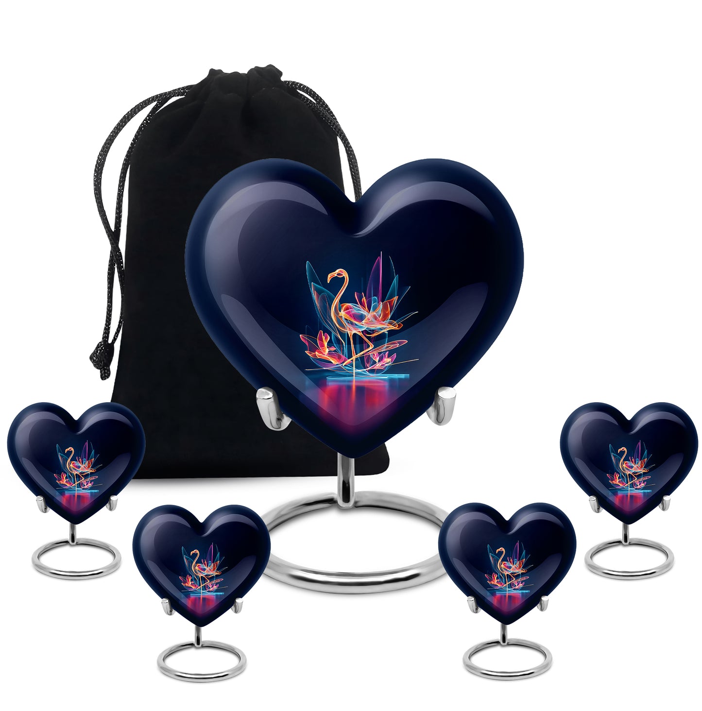 Sapphire Blue Flamingo Cremation Urn close-up of engraving and surface detail - romantic heart urn with flamingo motif on aluminum - memorial set with one large and four small urns