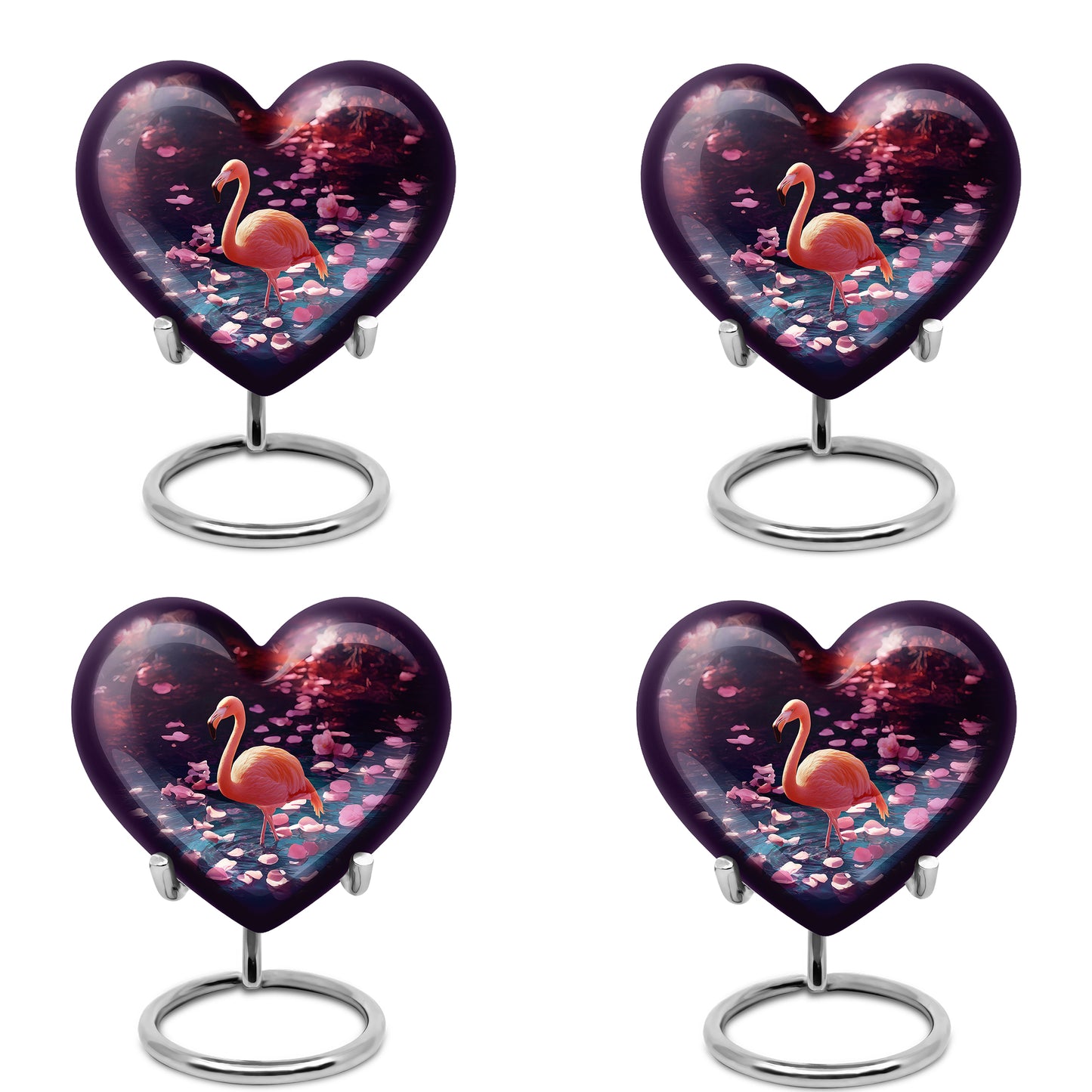 Twilight Purple Flamingo Cremation Urn angled view of lid and engraved motif - compassionate heart-flamingo combination with gentle curves - 10 inch aluminum urn for cremated remains