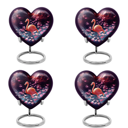 Twilight Purple Flamingo Cremation Urn angled view of lid and engraved motif - compassionate heart-flamingo combination with gentle curves - 10 inch aluminum urn for cremated remains