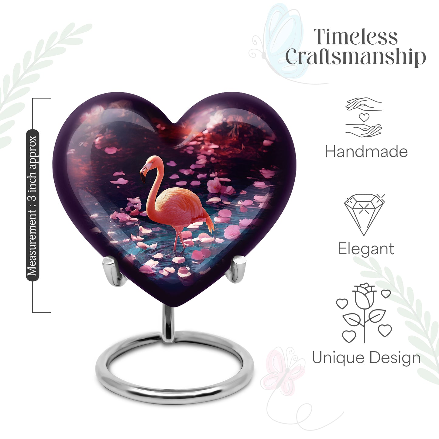 Twilight Purple Flamingo Cremation Urn front view showing detailed design - compassionate heart-flamingo combination with gentle curves - mini keepsake memorial for portion of cremation ashes