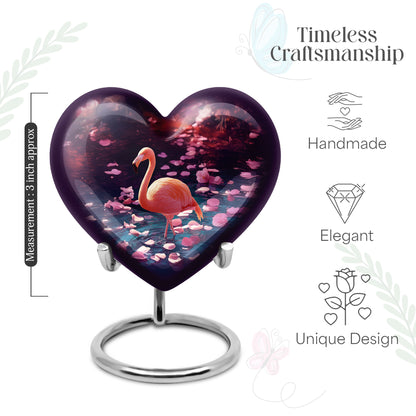 Twilight Purple Flamingo Cremation Urn front view showing detailed design - compassionate heart-flamingo combination with gentle curves - mini keepsake memorial for portion of cremation ashes