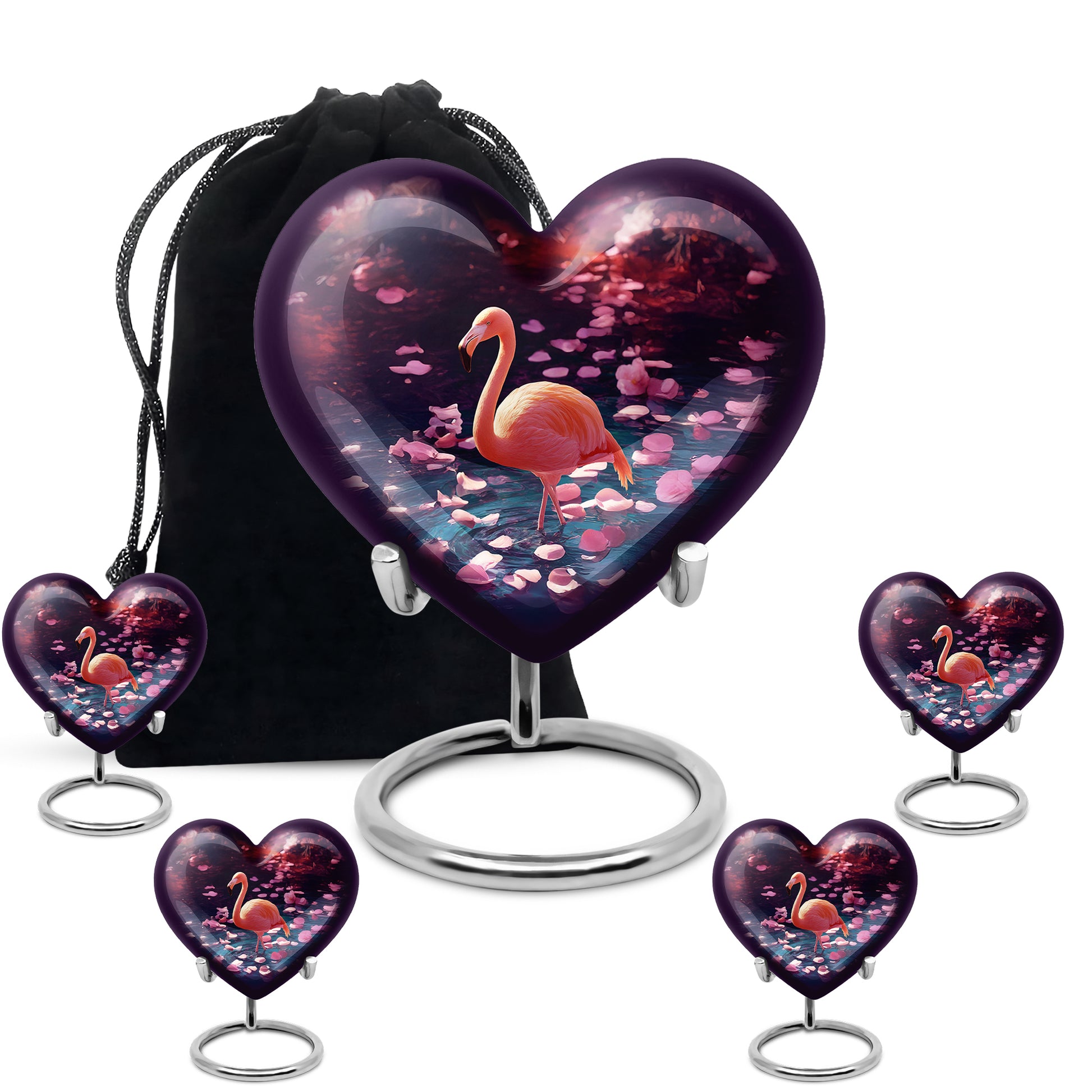 Plum Purple Flamingo Cremation Urn close-up of engraving and surface detail - heart-shaped flamingo design symbolizing eternal love - memorial set with one large and four small urns