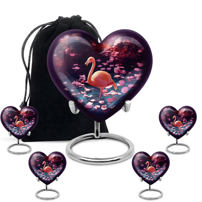 Plum Purple Flamingo Cremation Urn close-up of engraving and surface detail - heart-shaped flamingo design symbolizing eternal love - memorial set with one large and four small urns