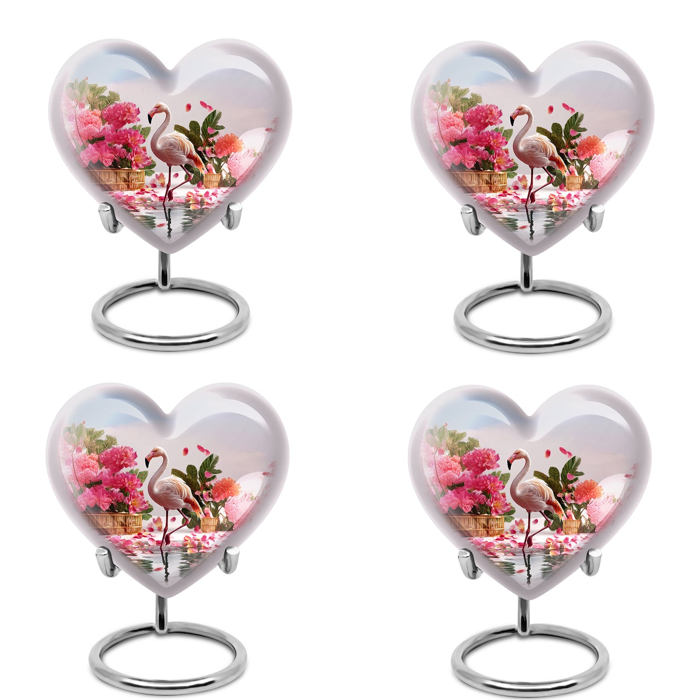Chrome Silver Flamingo Cremation Urn angled view of lid and engraved motif - romantic heart urn with flamingo motif on aluminum - 10 inch aluminum urn for cremated remains