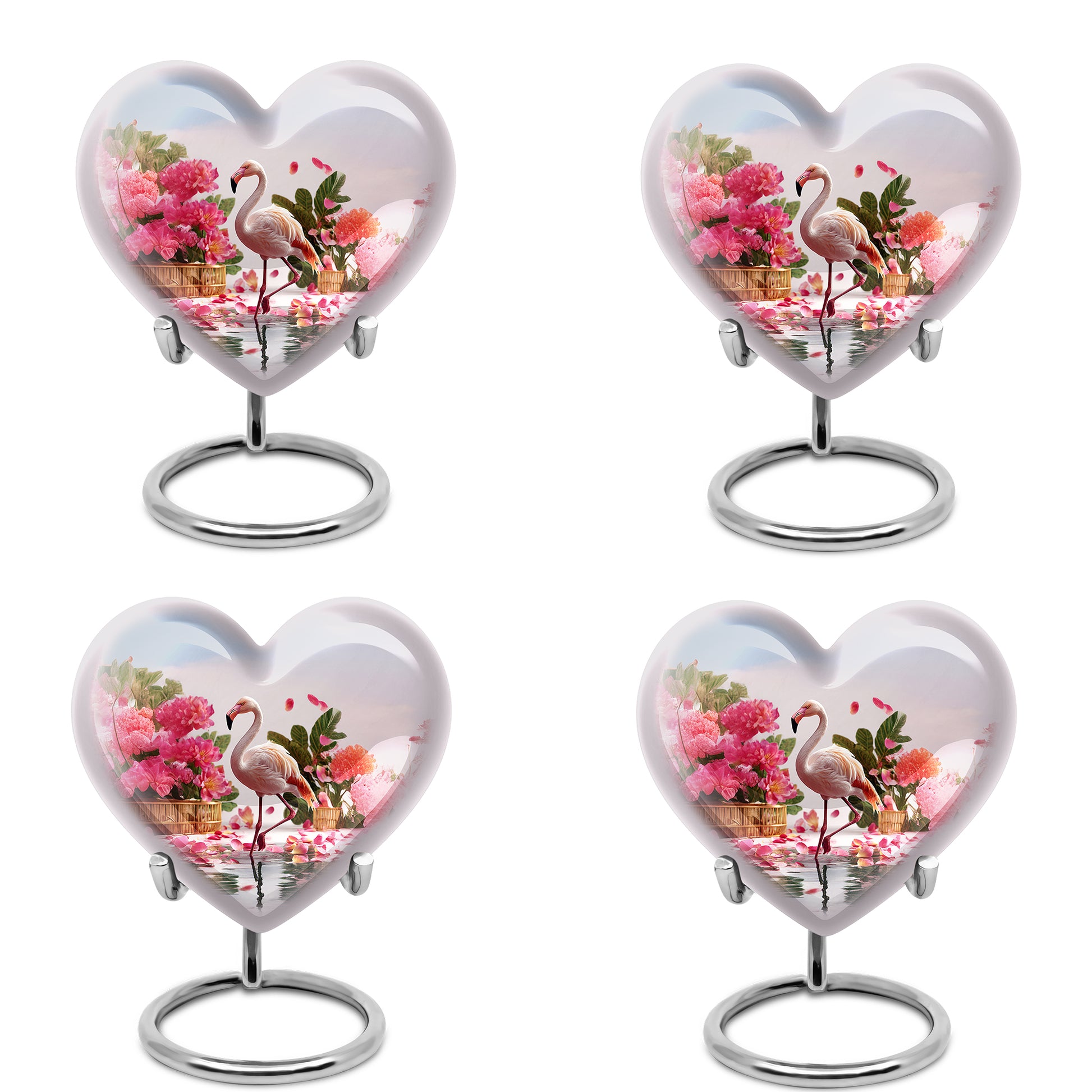 Chrome Silver Flamingo Cremation Urn angled view of lid and engraved motif - romantic heart urn with flamingo motif on aluminum - 10 inch aluminum urn for cremated remains