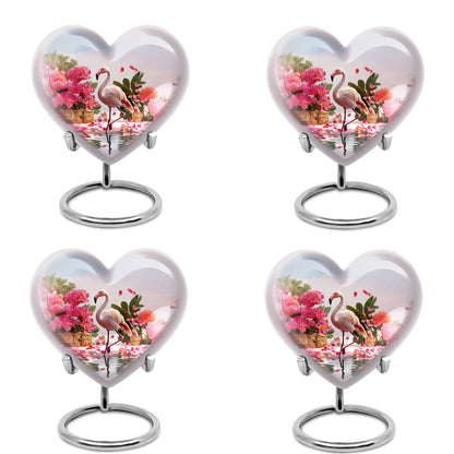 Chrome Silver Flamingo Cremation Urn angled view of lid and engraved motif - romantic heart urn with flamingo motif on aluminum - 10 inch aluminum urn for cremated remains