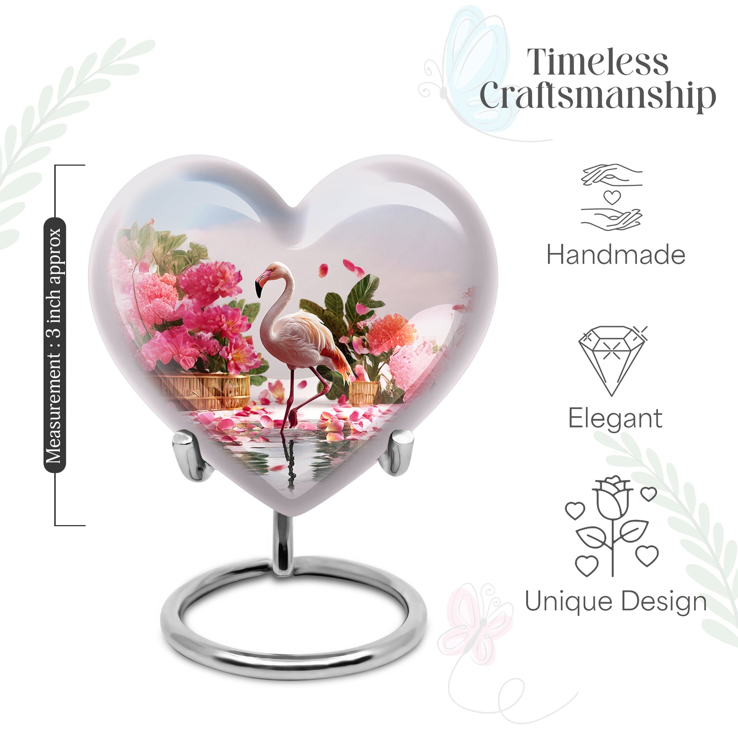 Platinum Silver Flamingo Cremation Urn front view showing detailed design - heart-shaped flamingo design symbolizing eternal love - mini keepsake memorial for portion of cremation ashes