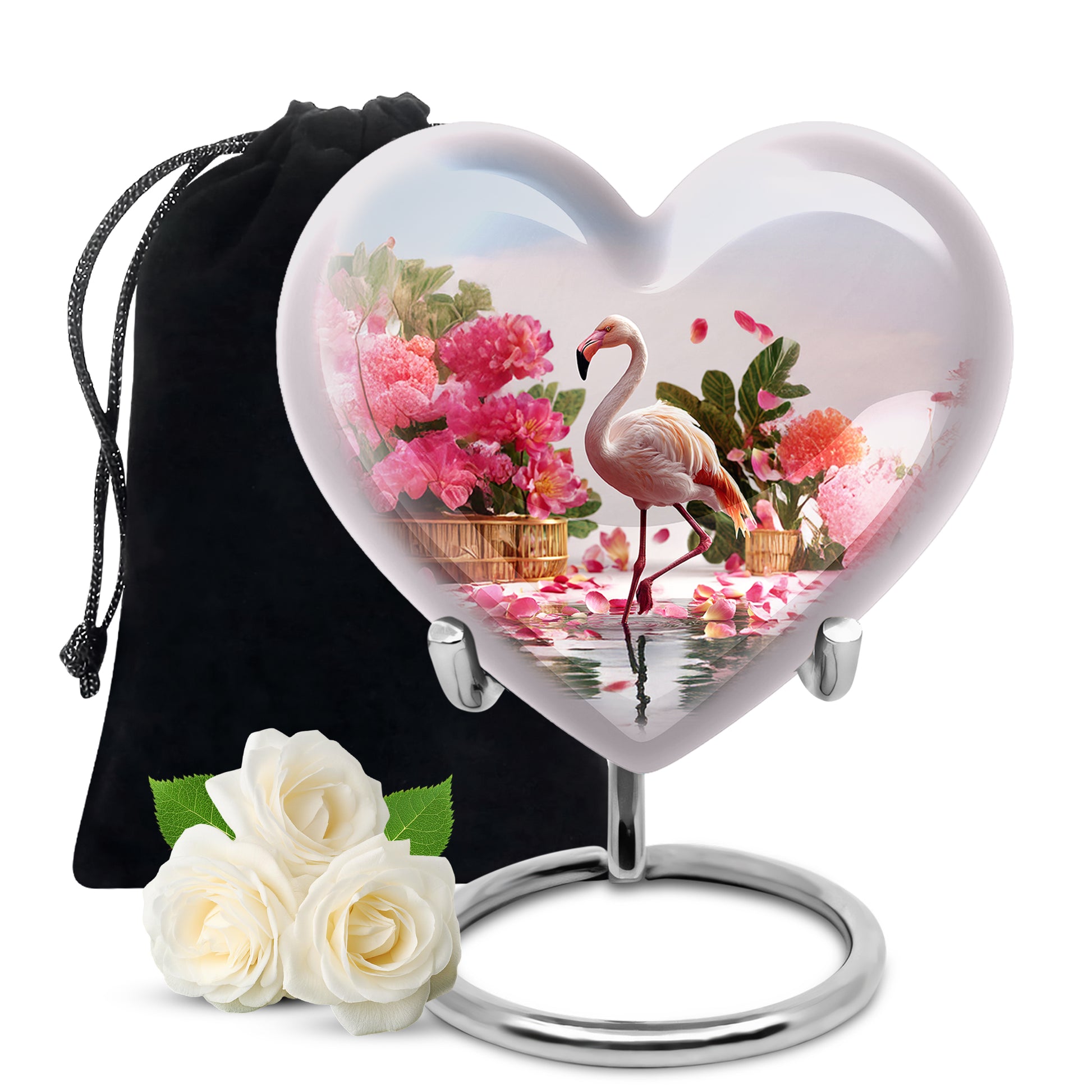 Polished Silver Flamingo Cremation Urn detail view - romantic heart urn with flamingo motif on aluminum - full-size 10 inch 200 cubic inch adult cremation urn