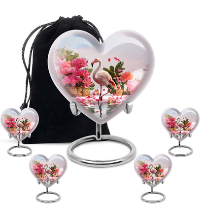 Platinum Silver Flamingo Cremation Urn close-up of engraving and surface detail - heart-shaped flamingo design symbolizing eternal love - memorial set with one large and four small urns
