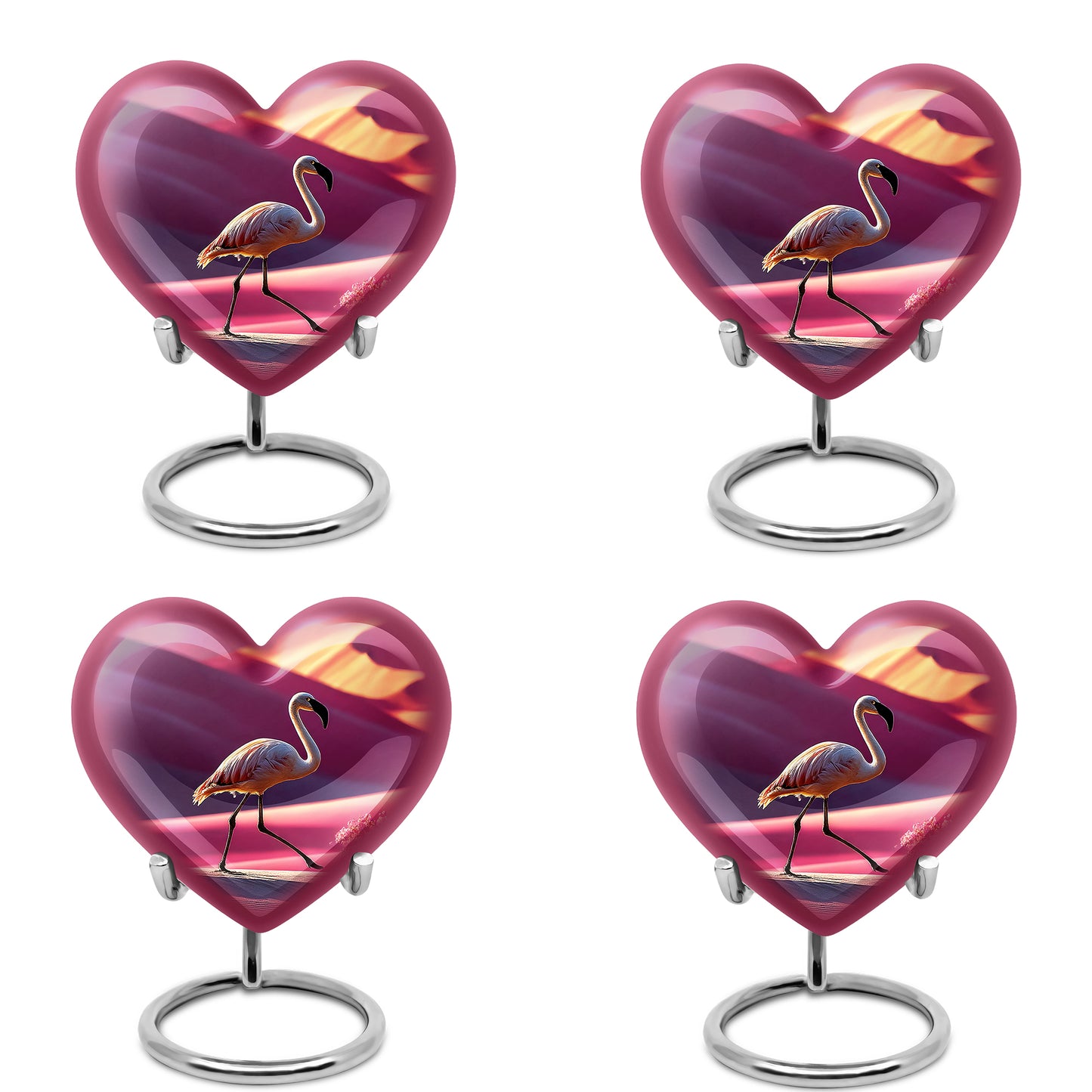 Salmon Pink Flamingo Cremation Urn angled view of lid and engraved motif - romantic heart urn with flamingo motif on aluminum - 10 inch aluminum urn for cremated remains