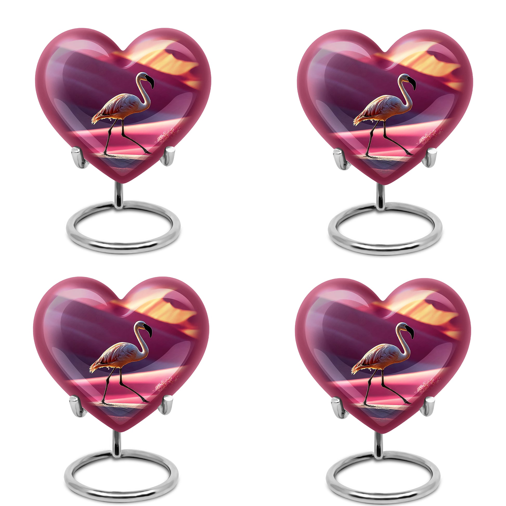Salmon Pink Flamingo Cremation Urn angled view of lid and engraved motif - romantic heart urn with flamingo motif on aluminum - 10 inch aluminum urn for cremated remains