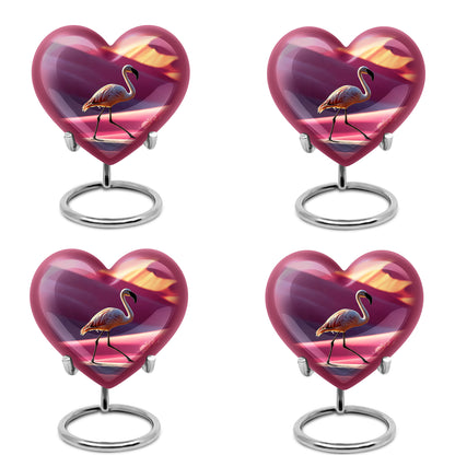 Salmon Pink Flamingo Cremation Urn angled view of lid and engraved motif - romantic heart urn with flamingo motif on aluminum - 10 inch aluminum urn for cremated remains