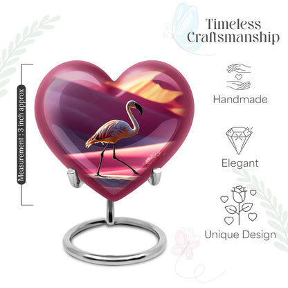 Salmon Pink Flamingo Cremation Urn front view showing detailed design - compassionate heart-flamingo combination with gentle curves - mini keepsake memorial for portion of cremation ashes