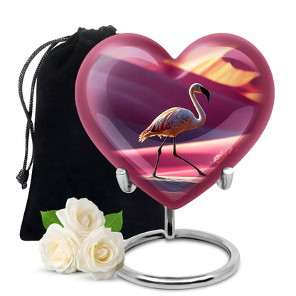Petal Pink Flamingo Cremation Urn detail view - romantic heart urn with flamingo motif on aluminum - full-size 10 inch 200 cubic inch adult cremation urn