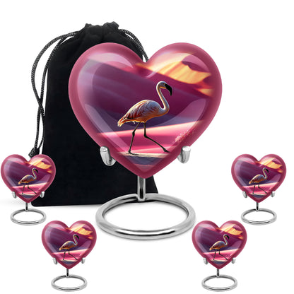 Rose Pink Flamingo Cremation Urn close-up of engraving and surface detail - heart-shaped flamingo design symbolizing eternal love - memorial set with one large and four small urns