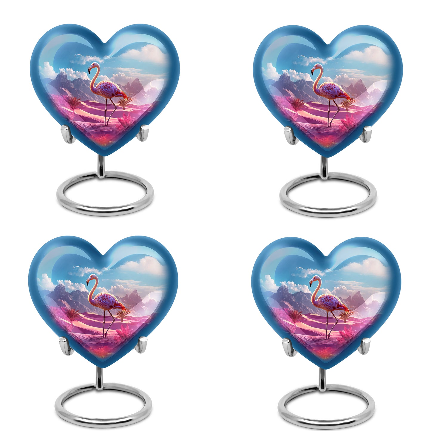 Indigo Flamingo Cremation Urn angled view of lid and engraved motif - heart-shaped flamingo design symbolizing eternal love - 10 inch aluminum urn for cremated remains