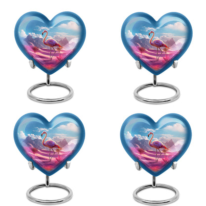 Indigo Flamingo Cremation Urn angled view of lid and engraved motif - heart-shaped flamingo design symbolizing eternal love - 10 inch aluminum urn for cremated remains