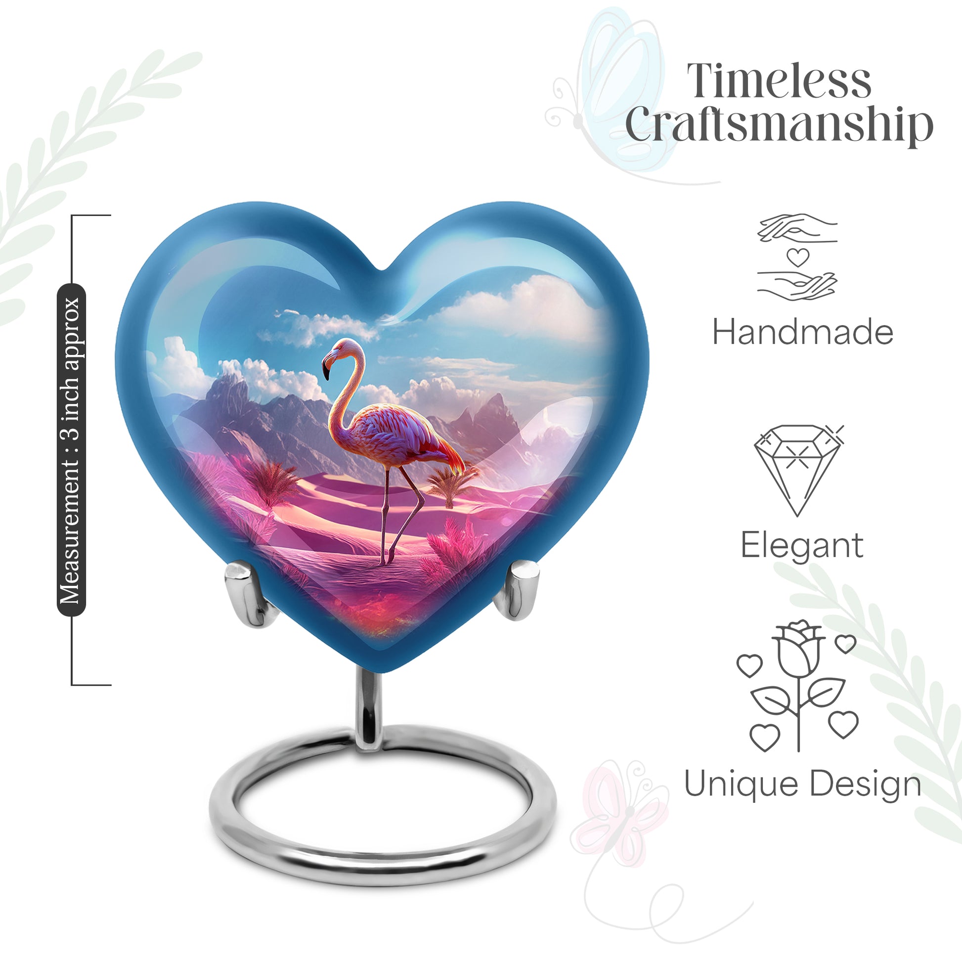 Cornflower Blue Flamingo Cremation Urn front view showing detailed design - romantic heart urn with flamingo motif on aluminum - mini keepsake memorial for portion of cremation ashes