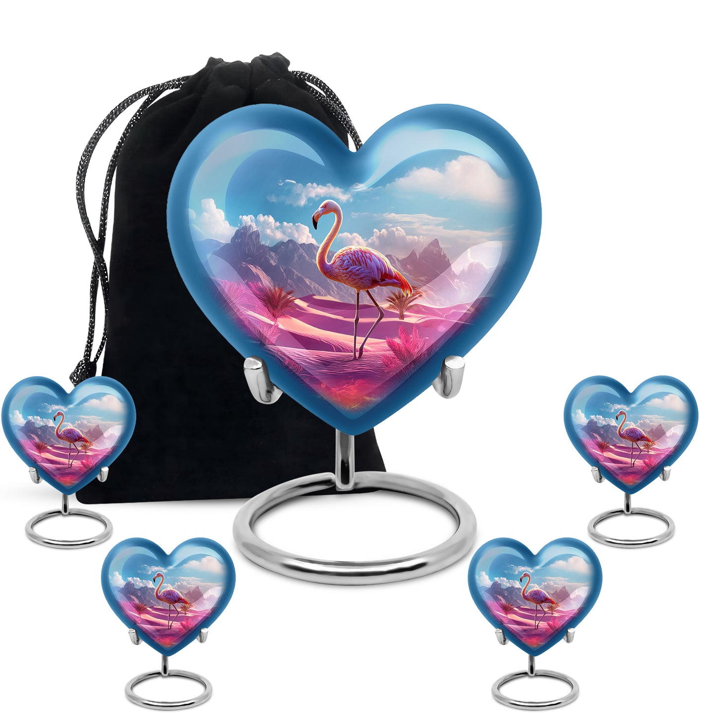 Pastel Blue Flamingo Cremation Urn close-up of engraving and surface detail - heart-shaped flamingo design symbolizing eternal love - memorial set with one large and four small urns