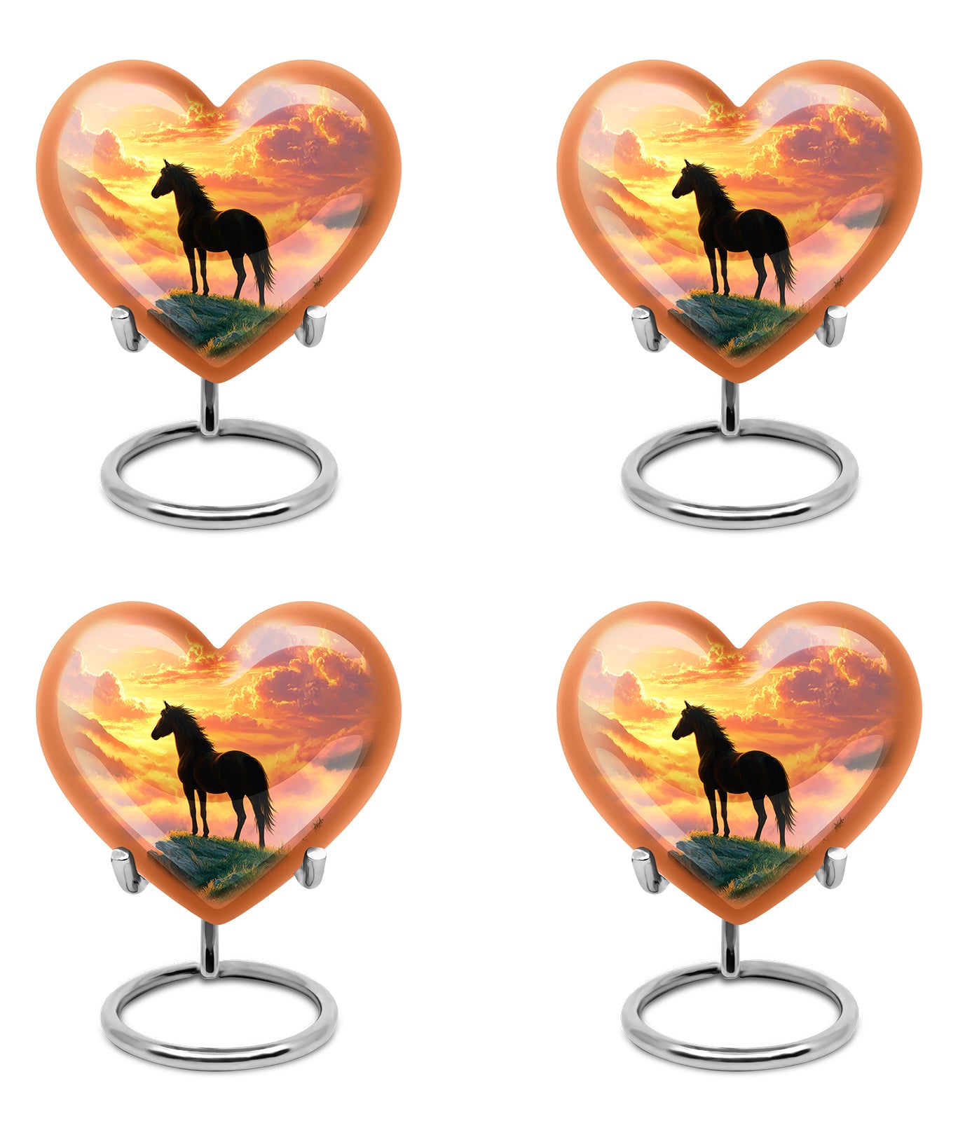 Garnet Red Horse Cremation Urn angled view of lid and engraved motif - heart-shaped horse design symbolizing eternal love - 10 inch aluminum urn for cremated remains