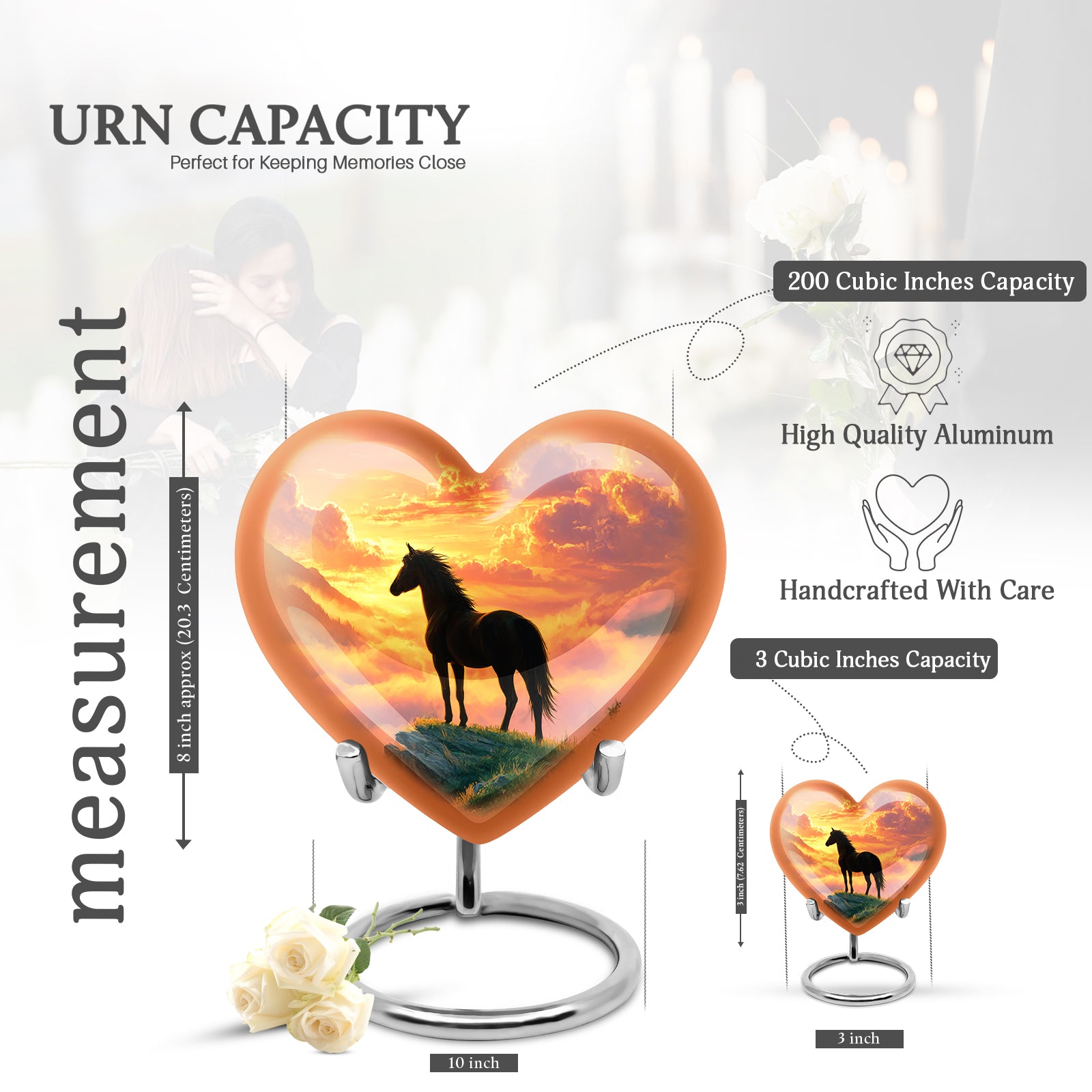 Crimson Red Horse Cremation Urn front view showing detailed design - heart-shaped horse design symbolizing eternal love - mini keepsake memorial for portion of cremation ashes