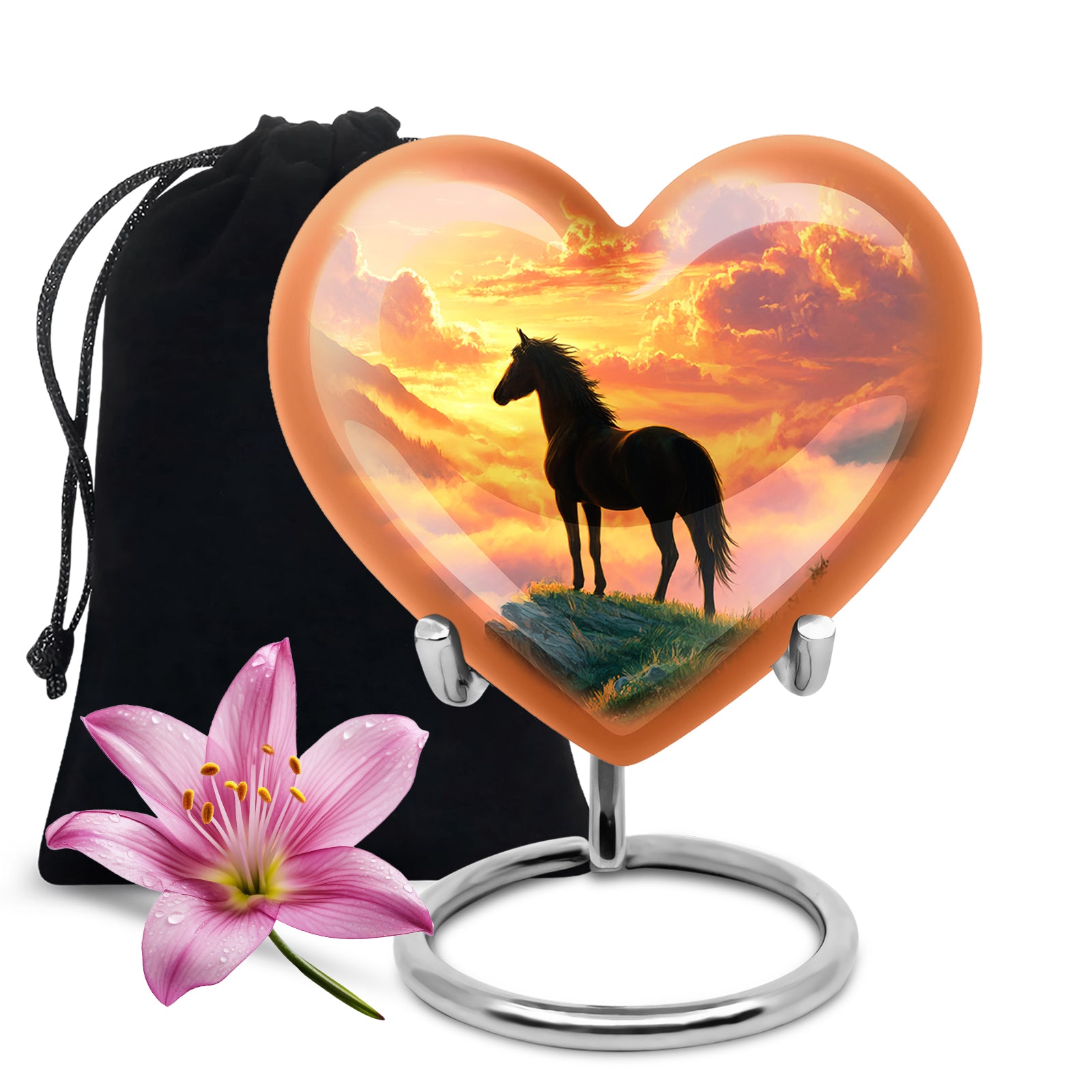 Deep Red Horse Cremation Urn detail view - loving heart memorial featuring horse pattern - full-size 10 inch 200 cubic inch adult cremation urn
