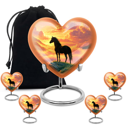Crimson Red Horse Cremation Urn close-up of engraving and surface detail - heart-shaped horse design symbolizing eternal love - memorial set with one large and four small urns