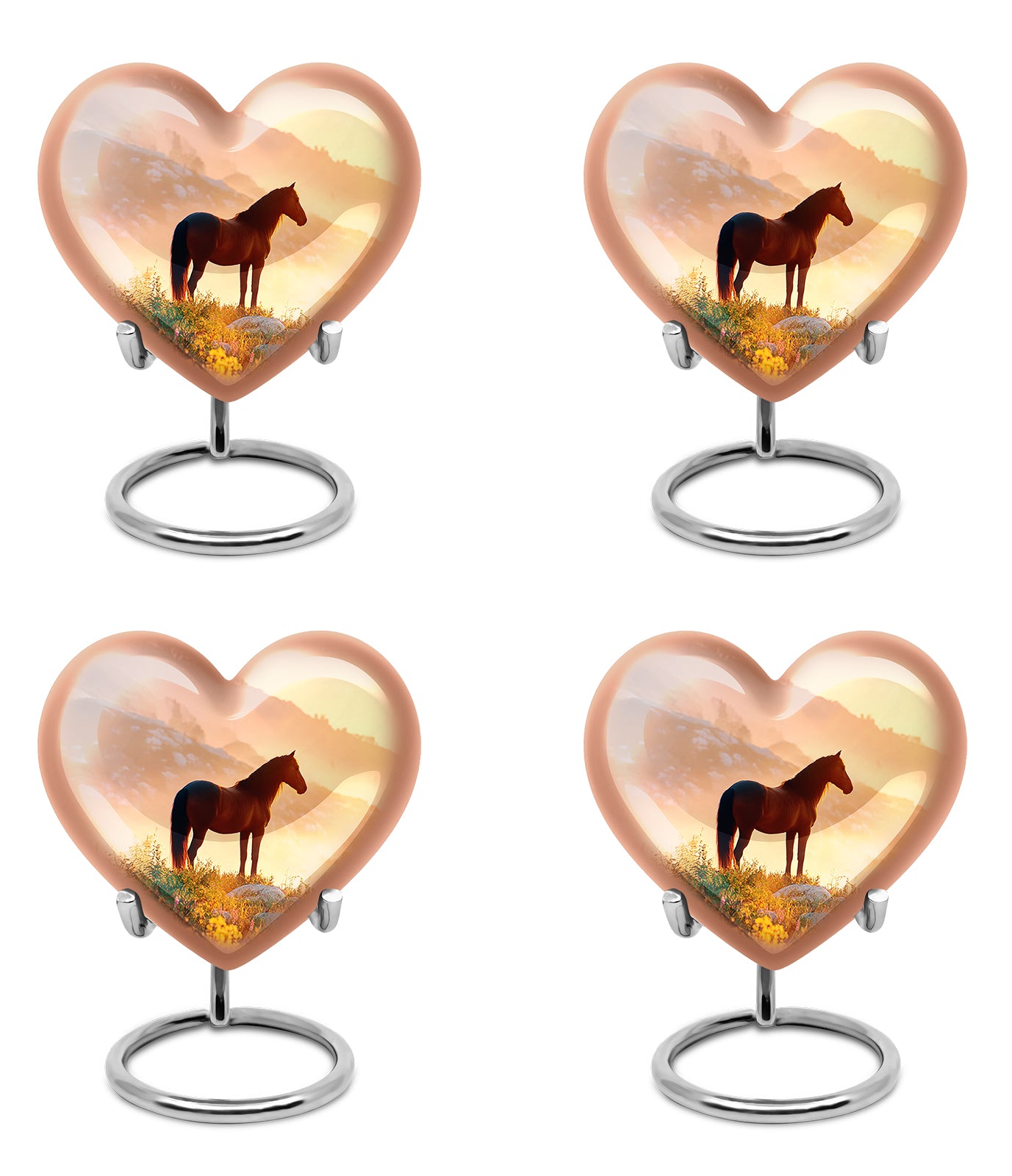 Warm Gold Horse Cremation Urn angled view of lid and engraved motif - romantic heart urn with horse motif on aluminum - 10 inch aluminum urn for cremated remains