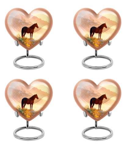 Warm Gold Horse Cremation Urn angled view of lid and engraved motif - romantic heart urn with horse motif on aluminum - 10 inch aluminum urn for cremated remains