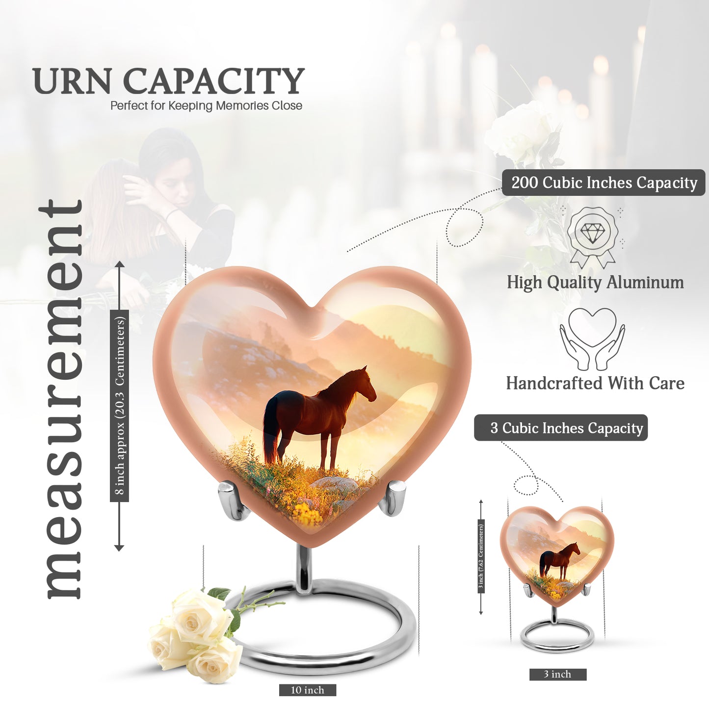 Royal Gold Horse Cremation Urn front view showing detailed design - romantic heart urn with horse motif on aluminum - mini keepsake memorial for portion of cremation ashes