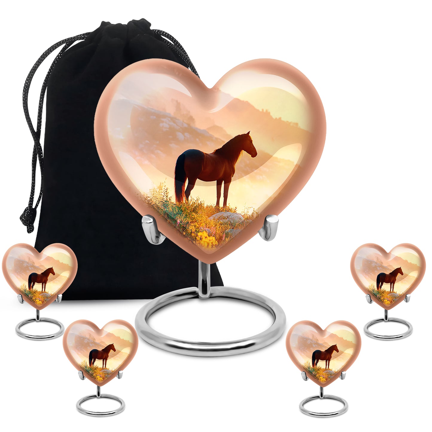 Gilded Gold Horse Cremation Urn close-up of engraving and surface detail - heart-shaped horse design symbolizing eternal love - memorial set with one large and four small urns