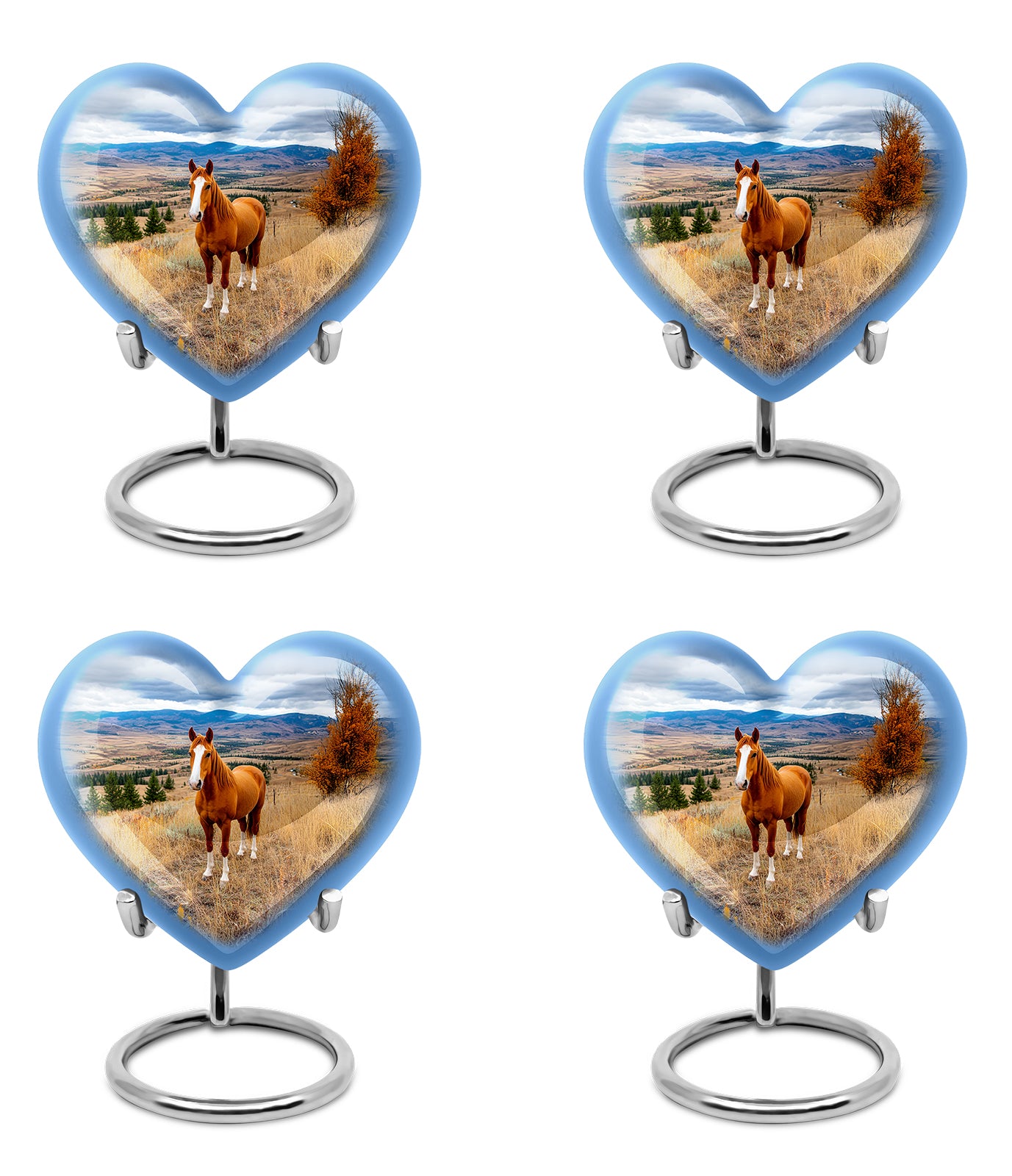 Powder Blue Horse Cremation Urn angled view of lid and engraved motif - loving heart memorial featuring horse pattern - 10 inch aluminum urn for cremated remains